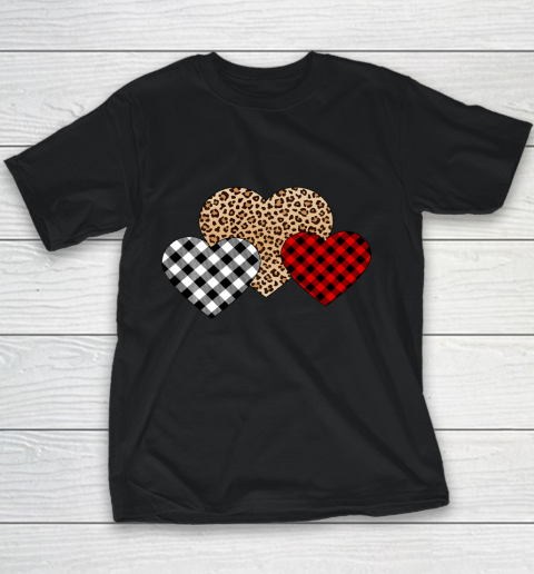 Valentine Three Hearts Leopard Buffalo Plaid Valentine s day Youth T-Shirt