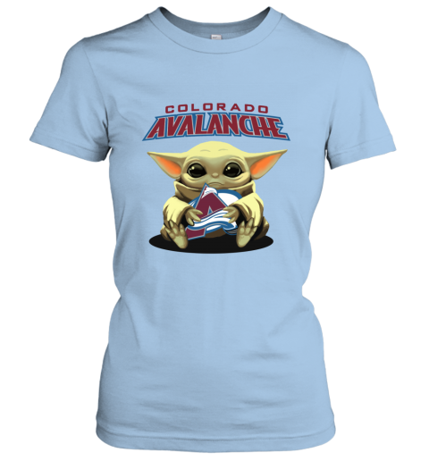 90vw baby yoda hugs the colorado avalanche ladies t shirt 20 front light blue