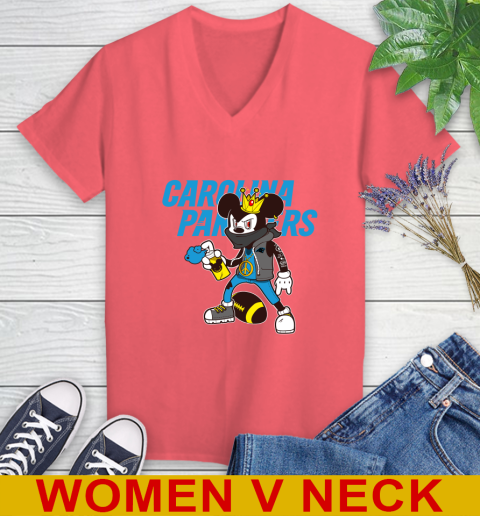 Carolina Panthers NFL Football Mickey Peace Sign Sports Women's V-Neck T-Shirt 7