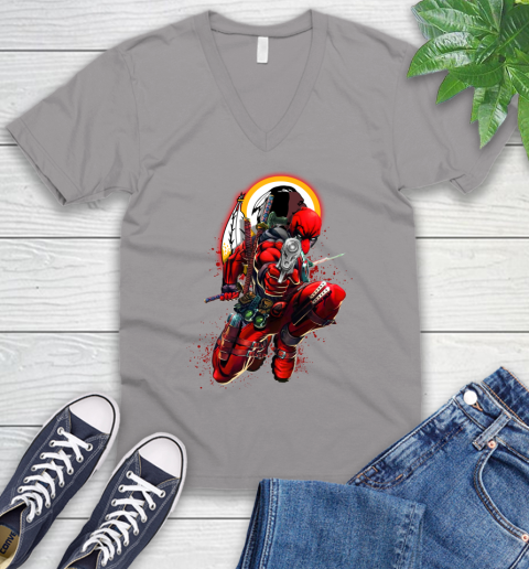 NFL Deadpool Marvel Comics Sports Football Washington Redskins V-Neck T-Shirt 4