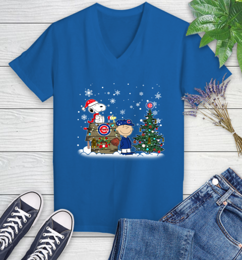 MLB Chicago Cubs Snoopy Charlie Brown Christmas Baseball Commissioner's Trophy Women's V-Neck T-Shirt 10