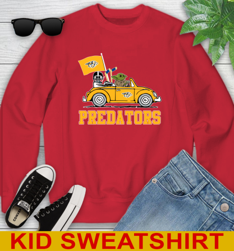 NHL Hockey Nashville Predators Darth Vader Baby Yoda Driving Star Wars Shirt Youth Sweatshirt 8