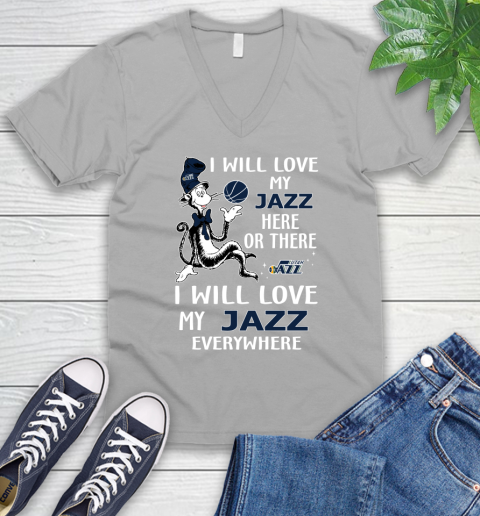 NBA Basketball Utah Jazz I Will Love My Jazz Everywhere Dr Seuss Shirt V-Neck T-Shirt 3
