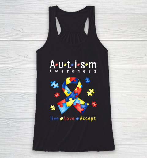 Live Love Accept Autism Awareness Month Ribbon Puzzle Racerback Tank