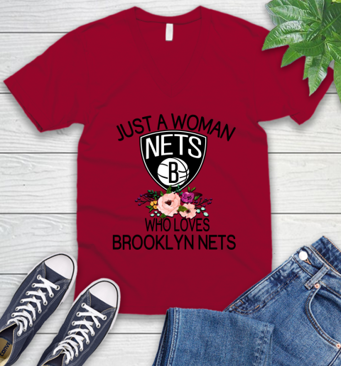 NBA Just A Woman Who Loves Brooklyn Nets Basketball Sports V-Neck T-Shirt 5