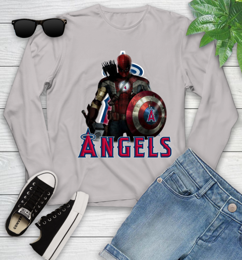 MLB Captain America Thor Spider Man Hawkeye Avengers Endgame Baseball Los Angeles Angels Youth Long Sleeve 12