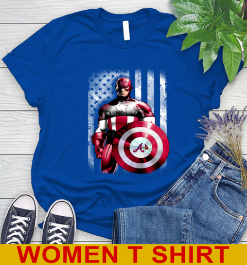 Atlanta Braves MLB Baseball Captain America Marvel Avengers American Flag Shirt Women's T-Shirt 10