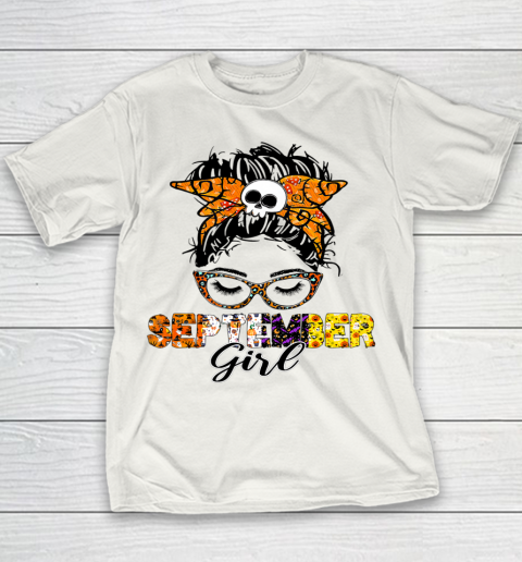 September Girl Woman Face Wink Eyes Halloween Skull Pumpkin Youth T-Shirt