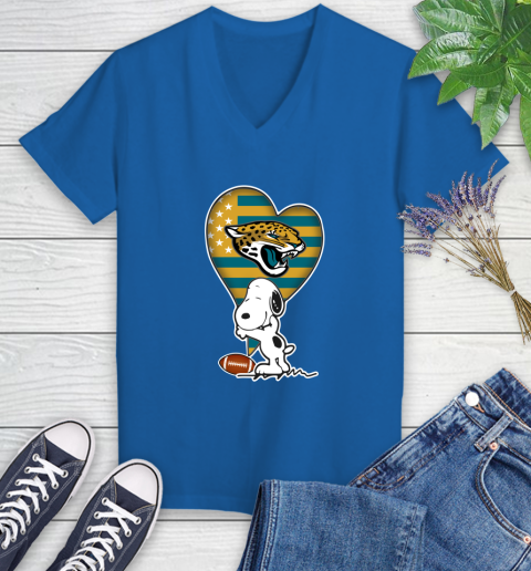 Jacksonville Jaguars NFL Football The Peanuts Movie Adorable Snoopy Women's V-Neck T-Shirt 10