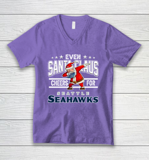 Seattle Seahawks Even Santa Claus Cheers For Christmas NFL V-Neck T-Shirt 8