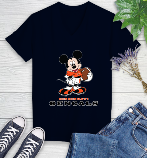 NFL Football Cincinnati Bengals Cheerful Mickey Mouse Shirt Women's V-Neck T-Shirt 3