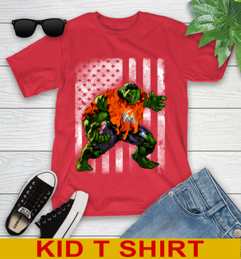 Miami Marlins Hulk Marvel Avengers MLB Baseball American Flag Youth T-Shirt 11