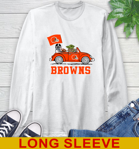 NFL Football Cleveland Browns Darth Vader Baby Yoda Driving Star Wars Shirt Long Sleeve T-Shirt