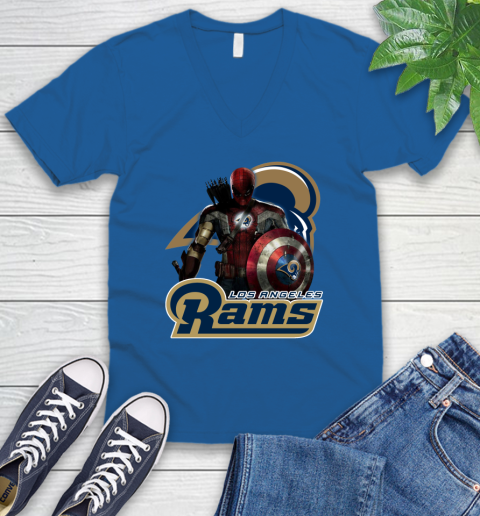 NFL Captain America Thor Spider Man Hawkeye Avengers Endgame Football Los Angeles Rams V-Neck T-Shirt 6