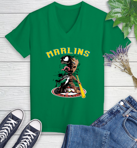 MLB Miami Marlins Baseball Venom Groot Guardians Of The Galaxy Women's V-Neck T-Shirt 5