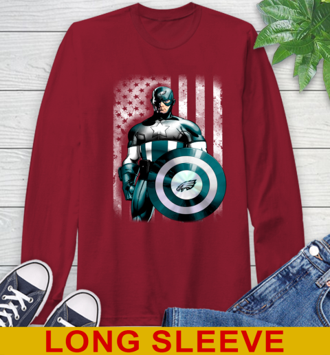 Philadelphia Eagles NFL Football Captain America Marvel Avengers American Flag Shirt Long Sleeve T-Shirt - Image 10