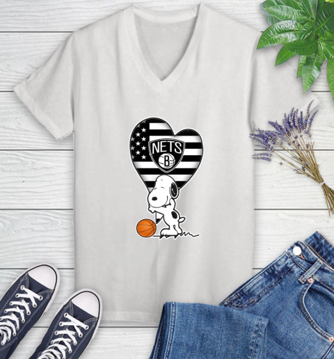 Brooklyn Nets NBA Basketball The Peanuts Movie Adorable Snoopy Women's V-Neck T-Shirt