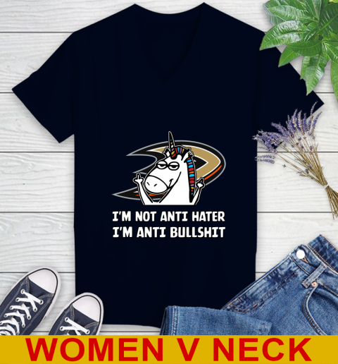 Anaheim Ducks NHL Hockey Unicorn I'm Not Anti Hater I'm Anti Bullshit Women's V-Neck T-Shirt 3