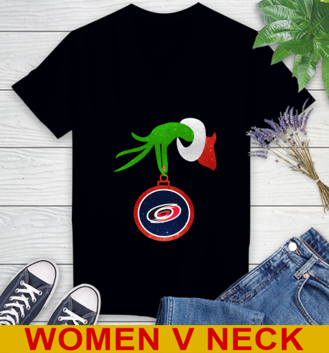 Carolina Hurricanes Grinch Merry Christmas NHL Hockey Women's V-Neck T-Shirt 2