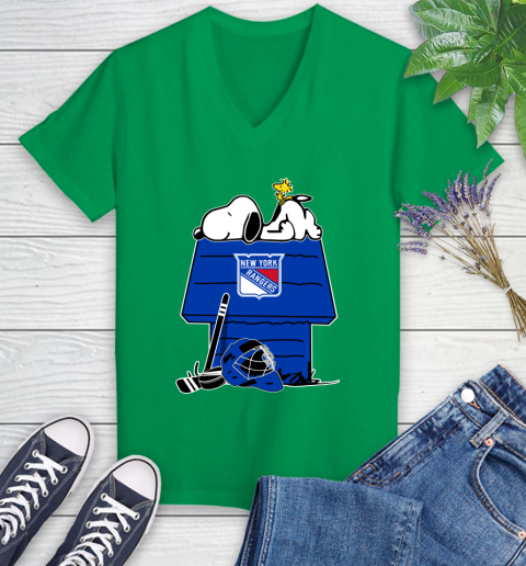 New York Rangers NHL Hockey Snoopy Woodstock The Peanuts Movie Women's V-Neck T-Shirt 5