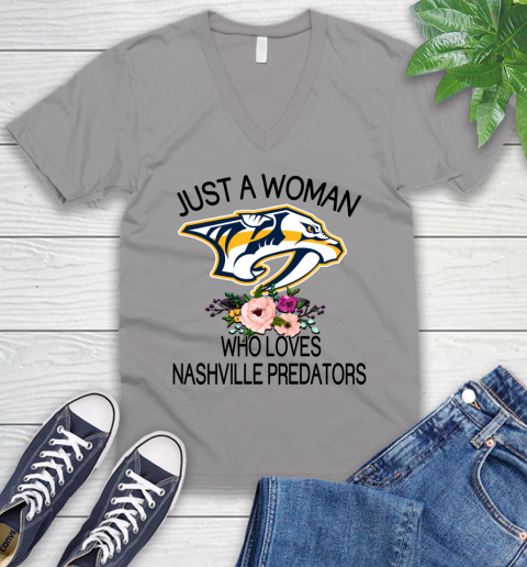 NHL Just A Woman Who Loves Nashville Predators Hockey Sports V-Neck T-Shirt 2