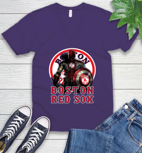 MLB Captain America Thor Spider Man Hawkeye Avengers Endgame Baseball Boston Red Sox V-Neck T-Shirt 10