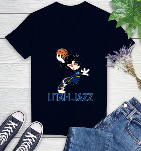 NBA Basketball Utah Jazz Cheerful Mickey Mouse Shirt Women's V-Neck T-Shirt 3