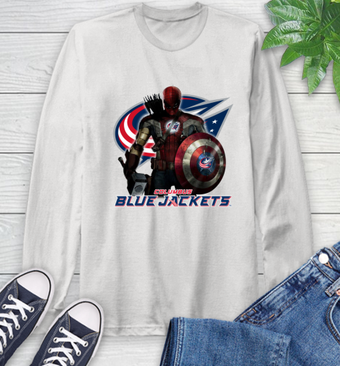 NHL Captain America Thor Spider Man Hawkeye Avengers Endgame Hockey Columbus Blue Jackets Long Sleeve T-Shirt