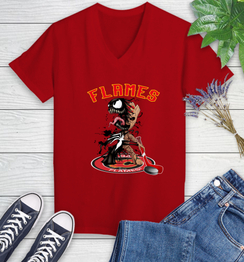 NHL Calgary Flames Hockey Venom Groot Guardians Of The Galaxy Women's V-Neck T-Shirt 12