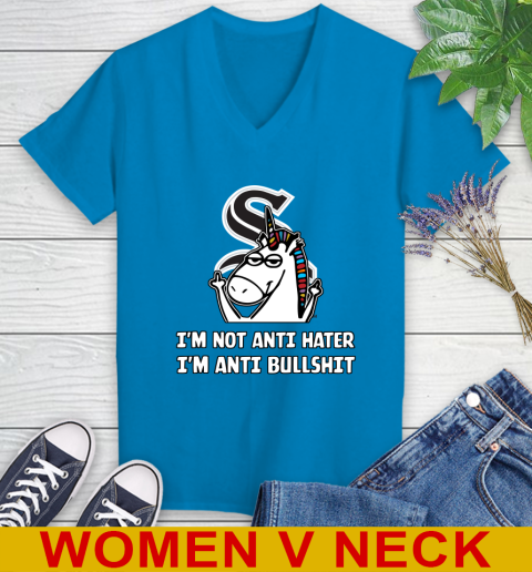 Chicago White Sox MLB Baseball Unicorn I'm Not Anti Hater I'm Anti Bullshit Women's V-Neck T-Shirt 8