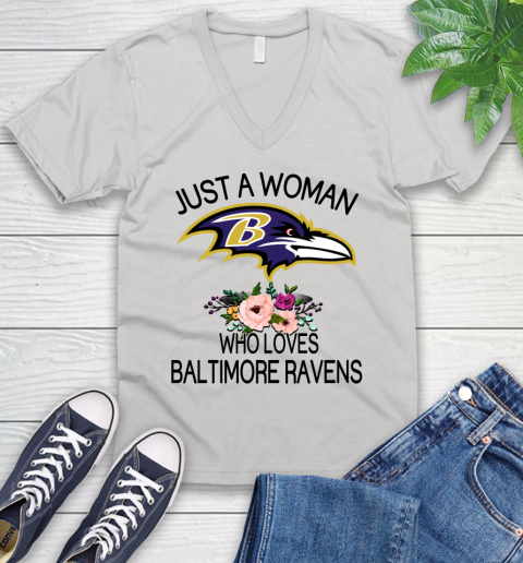 NFL Just A Woman Who Loves Baltimore Ravens Football Sports V-Neck T-Shirt