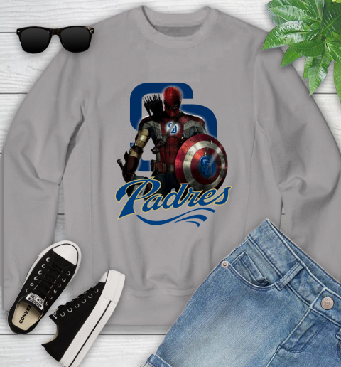 MLB Captain America Thor Spider Man Hawkeye Avengers Endgame Baseball San Diego Padres Youth Sweatshirt 4