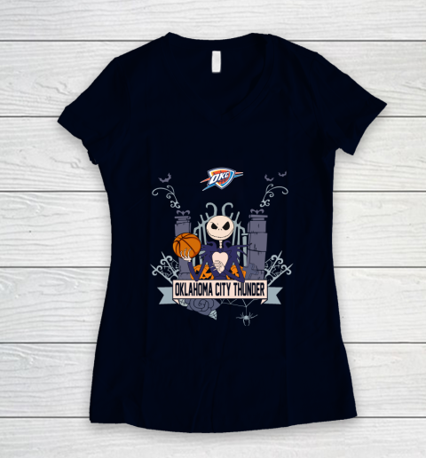NBA Oklahoma City Thunder Basketball Jack Skellington Halloween Women's V-Neck T-Shirt 2
