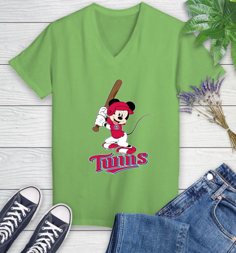 MLB Baseball Minnesota Twins Cheerful Mickey Mouse Shirt Women's V-Neck T-Shirt 9