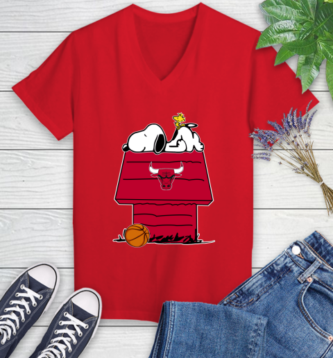 Chicago Bulls NBA Basketball Snoopy Woodstock The Peanuts Movie Women's V-Neck T-Shirt 12