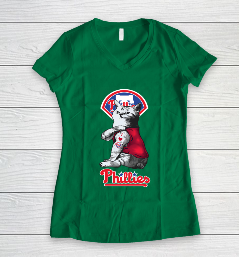 MLB Baseball My Cat Loves Philadelphia Phillies Women's V-Neck T-Shirt 3