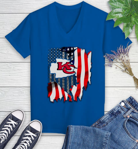 Kansas City Chiefs NFL Football American Flag Women's V-Neck T-Shirt 10