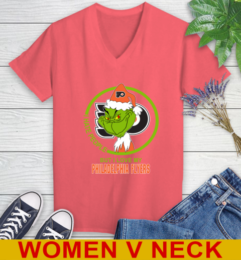 Philadelphia Flyers NHL Christmas Grinch I Hate People But I Love My Favorite Hockey Team Women's V-Neck T-Shirt 7