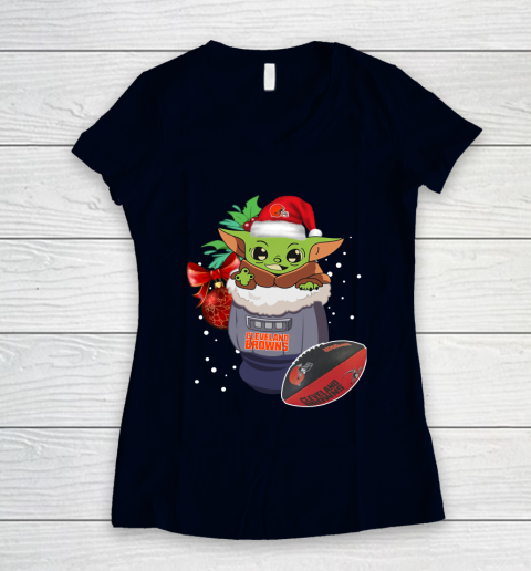 Cleveland Browns Christmas Baby Yoda Star Wars Funny Happy NFL Women's V-Neck T-Shirt 3