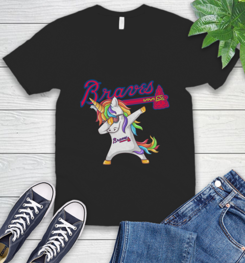 Atlanta Braves MLB Baseball Funny Unicorn Dabbing Sports V-Neck T-Shirt 2
