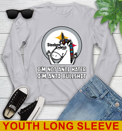 Pittsburgh Steelers NFL Football Unicorn I'm Not Anti Hater I'm Anti Bullshit Youth Long Sleeve 6