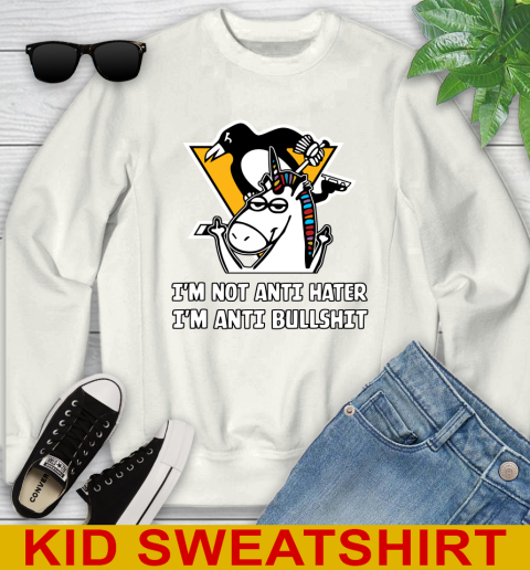 Pittsburgh Penguins NHL Hockey Unicorn I'm Not Anti Hater I'm Anti Bullshit Youth Sweatshirt