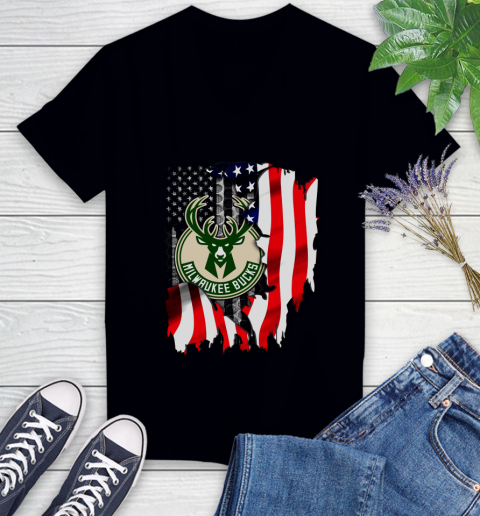 Milwaukee Bucks NBA Basketball American Flag Women's V-Neck T-Shirt