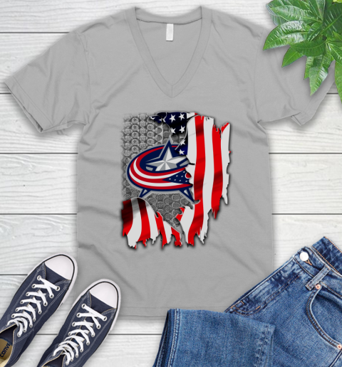 Columbus Blue Jackets NHL Hockey American Flag V-Neck T-Shirt 3