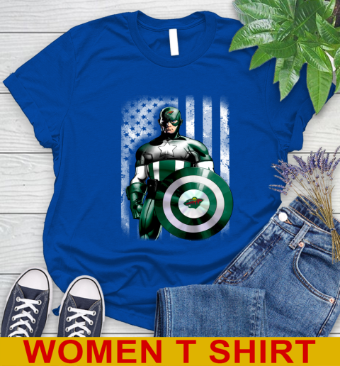 Minnesota Wild NHL Hockey Captain America Marvel Avengers American Flag Shirt Women's T-Shirt 10