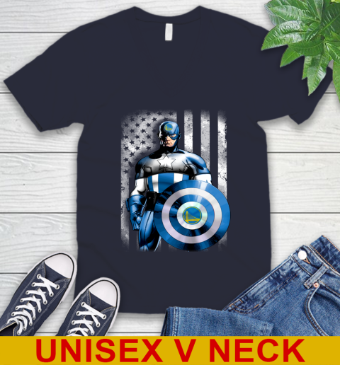 Golden State Warriors NBA Basketball Captain America Marvel Avengers American Flag Shirt V-Neck T-Shirt 2