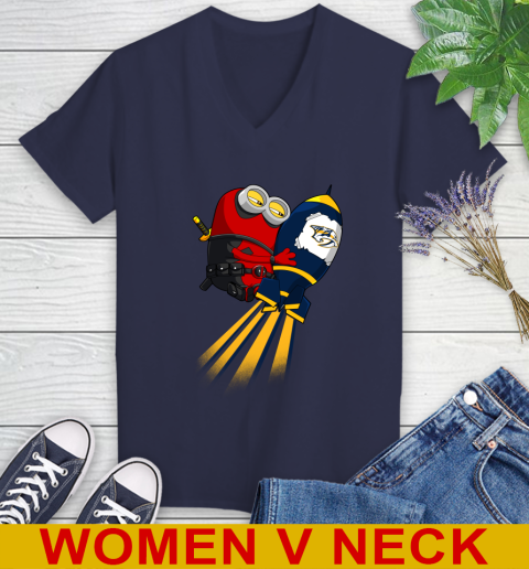 NHL Hockey Nashville Predators Deadpool Minion Marvel Shirt Women's V-Neck T-Shirt 12