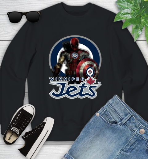 NHL Captain America Thor Spider Man Hawkeye Avengers Endgame Hockey Winnipeg Jets Youth Sweatshirt 2