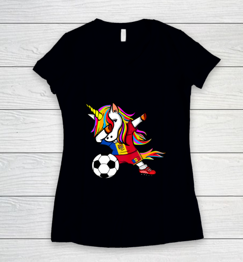 Dabbing Unicorn Moldova Football Moldovan Flag Soccer Women's V-Neck T-Shirt