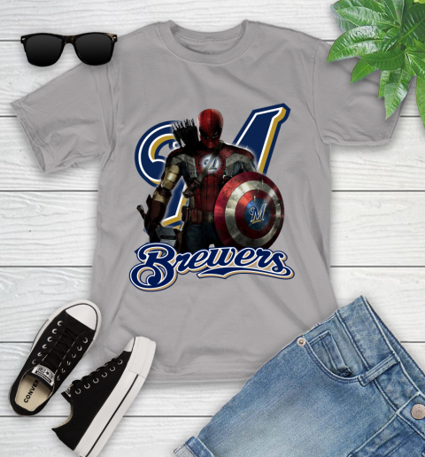 MLB Captain America Thor Spider Man Hawkeye Avengers Endgame Baseball Milwaukee Brewers Youth T-Shirt 4